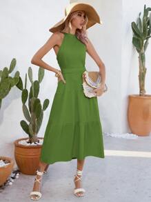 GENKIRA Solid Cut Out Waist Layered Hem Halter Dress - Green - View 3