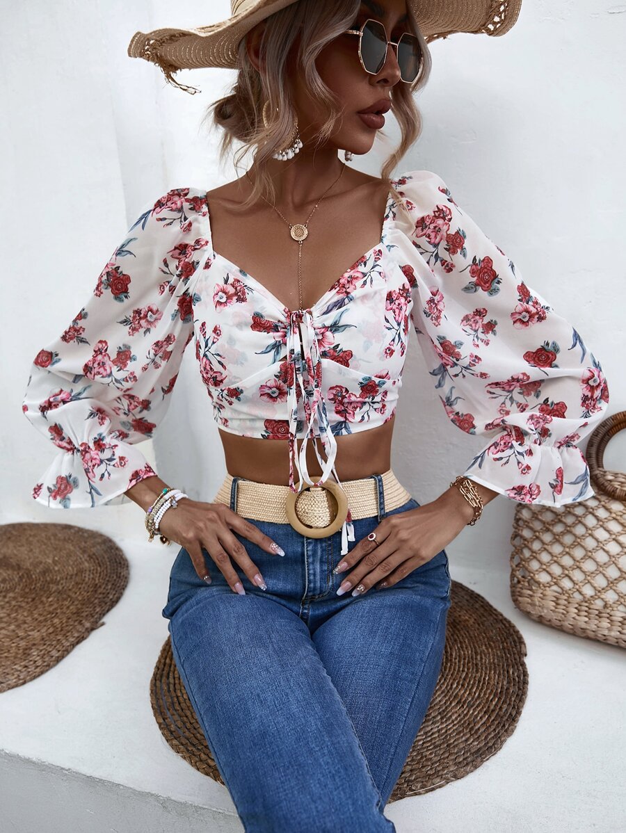 SHEIN VCAY Áo sơ mi nữ Ren lên Xù Thắt nơ trước Hoa Boho - Nhiều màu - Xem 1