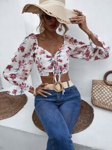 SHEIN VCAY Áo sơ mi nữ Ren lên Xù Thắt nơ trước Hoa Boho - Nhiều màu - Xem 4