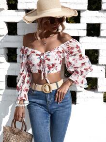 SHEIN VCAY Áo sơ mi nữ Ren lên Xù Thắt nơ trước Hoa Boho - Nhiều màu - Xem 5