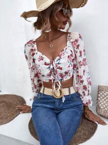 SHEIN VCAY Áo sơ mi nữ Ren lên Xù Thắt nơ trước Hoa Boho - Nhiều màu - Xem 6