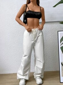 SHEIN EZwear 胸部褶皺吊帶短上衣 - 黑色 - 查看 4