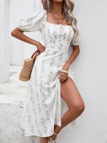 SHEIN Frenchy Plants Print Knot Front Split Thigh Dress - White - View 1