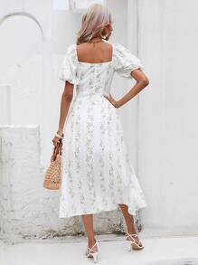 SHEIN Frenchy Plants Print Knot Front Split Thigh Dress - White - View 2