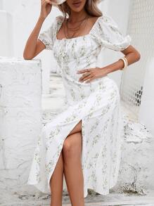 SHEIN Frenchy Plants Print Knot Front Split Thigh Dress - White - View 3