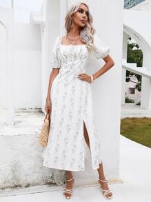 SHEIN Frenchy Plants Print Knot Front Split Thigh Dress - White - View 6