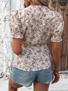 SHEIN VCAY Floral Print Puff Sleeve Knot Side Wrap Blouse - Apricot - View 2