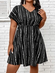 SHEIN LUNE Plus Tie Dye Batwing Sleeve Dress - Black - View 3