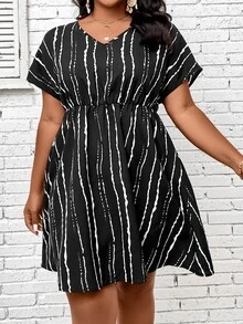 SHEIN LUNE Plus Tie Dye Batwing Sleeve Dress - Black - View 4