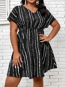 SHEIN LUNE Plus Tie Dye Batwing Sleeve Dress - Black - View 5