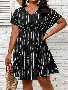 SHEIN LUNE Plus Tie Dye Batwing Sleeve Dress - Black - View 6