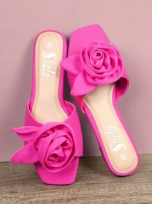 SHUZIA 方頭玫瑰細節一腳蹬平底涼鞋 - 玫紅色 - 查看 2
