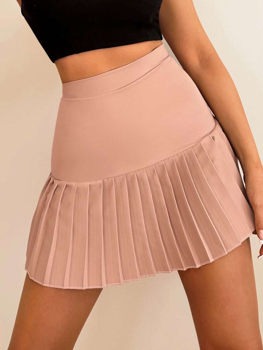 EURMUSE High Waist Pleated Hem Skirt - Pink - View 1