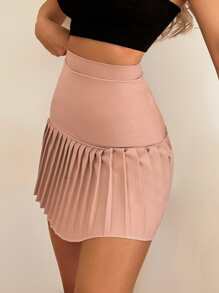 EURMUSE High Waist Pleated Hem Skirt - Pink - View 3