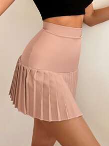 EURMUSE High Waist Pleated Hem Skirt - Pink - View 4