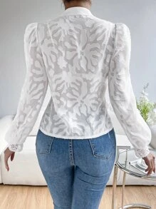 SHEIN Privé Contrast Dantela Maneca Latern Decolteu Iesit Camasa Neagra Fara Sutien