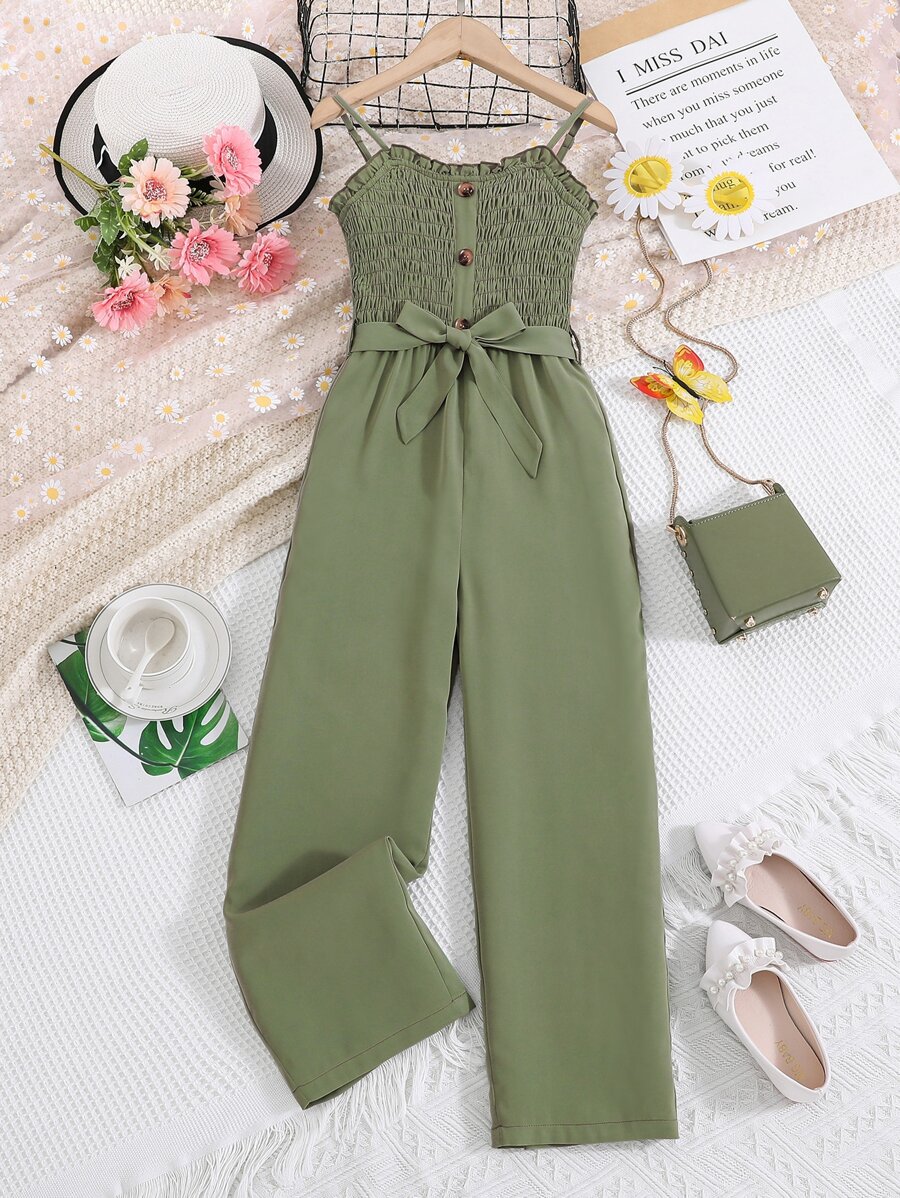 Girls Shirred Button Front Belted Cami Jumpsuit - Army Green - View 1