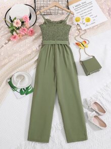 Girls Shirred Button Front Belted Cami Jumpsuit - Army Green - View 2
