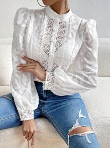 SHEIN Privé Contrast Dantela Maneca Latern Decolteu Iesit Camasa Neagra Fara Sutien