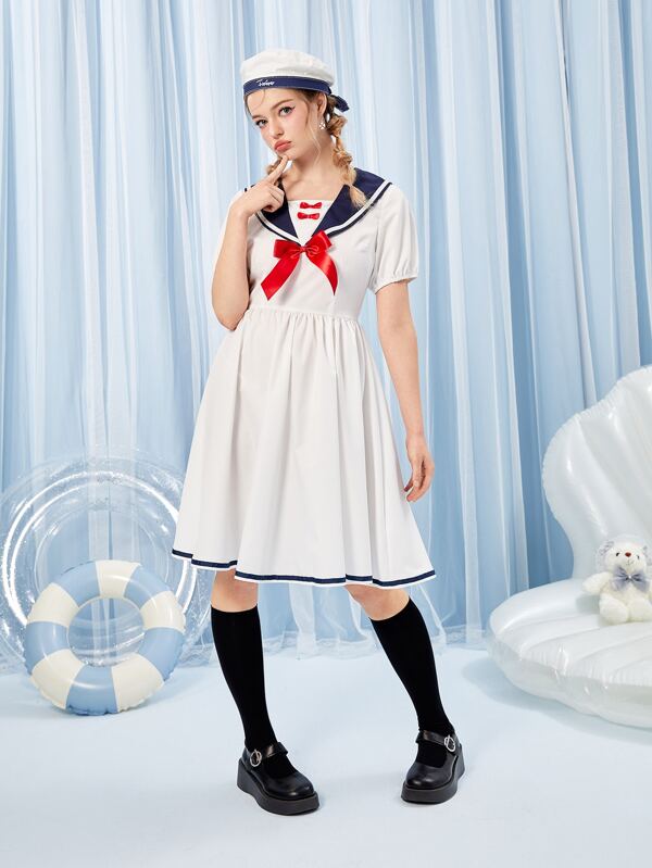 Kawaii Sailor Collar Bow Front Sailor Collar Puff Sleeve Dress SHEIN USA