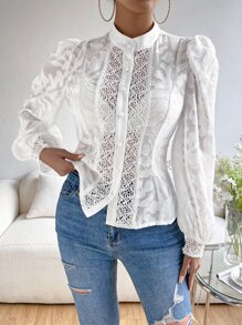 SHEIN Privé Contrast Dantela Maneca Latern Decolteu Iesit Camasa Neagra Fara Sutien