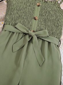 Girls Shirred Button Front Belted Cami Jumpsuit - Army Green - View 4