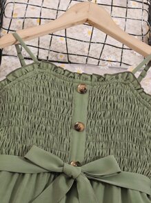 Girls Shirred Button Front Belted Cami Jumpsuit - Army Green - View 6