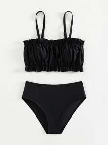 Tween Girl Ruched Bust Frill Trim Bikini Set Summer Beach - Black - View 1