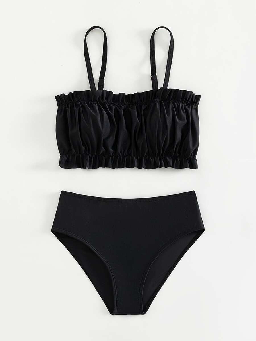 Tween Girl Ruched Bust Frill Trim Bikini Set Summer Beach - Black - View 1