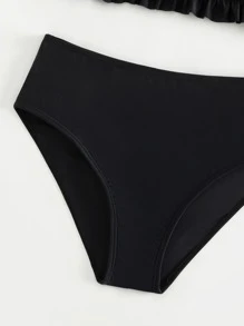 Tween Girl Ruched Bust Frill Trim Bikini Set Summer Beach - Black - View 4