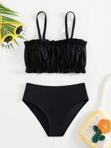 Tween Girl Ruched Bust Frill Trim Bikini Set Summer Beach - Black - View 5