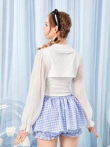 Solid Flounce Sleeve Crop Top - White - View 2