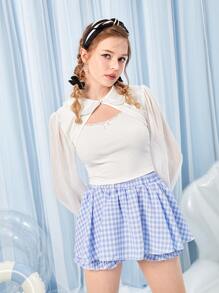 Solid Flounce Sleeve Crop Top - White - View 5