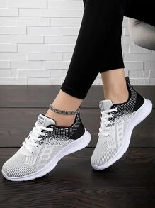 女士撞色織物前綁帶運動鞋 - 黑與白 - 查看 2