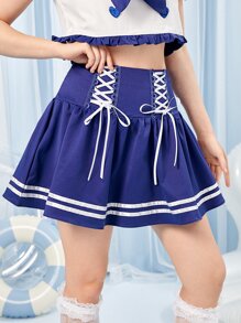 條紋印花前繫帶半身裙 - 寶藍色 - 查看 4