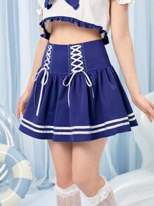 條紋印花前繫帶半身裙 - 寶藍色 - 查看 5