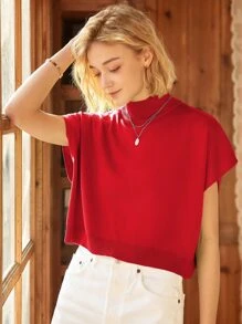 Knit Mix Áo len nữ thanh lịch, thời trang xuân hè, kiểu dáng Pháp đơn giản, không tay, cổ cao, tay cánh dơi, thích hợp mặc ở nhà hàng ngày. - Đỏ - Xem 2