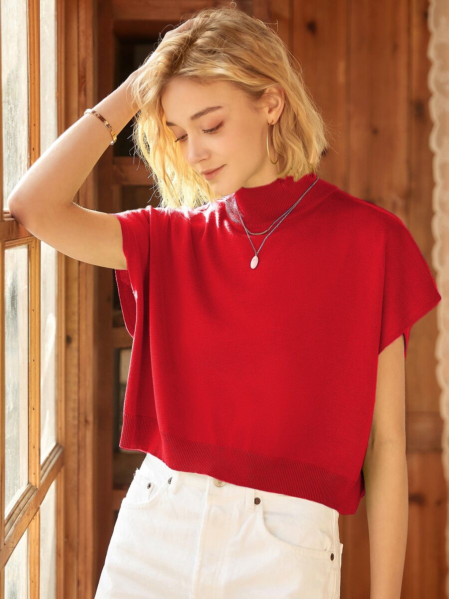 Knit Mix Áo len nữ thanh lịch, thời trang xuân hè, kiểu dáng Pháp đơn giản, không tay, cổ cao, tay cánh dơi, thích hợp mặc ở nhà hàng ngày.