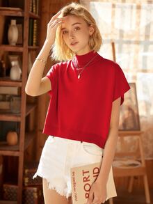 Knit Mix Áo len nữ thanh lịch, thời trang xuân hè, kiểu dáng Pháp đơn giản, không tay, cổ cao, tay cánh dơi, thích hợp mặc ở nhà hàng ngày. - Đỏ - Xem 5