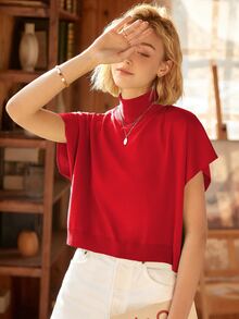 Knit Mix Áo len nữ thanh lịch, thời trang xuân hè, kiểu dáng Pháp đơn giản, không tay, cổ cao, tay cánh dơi, thích hợp mặc ở nhà hàng ngày. - Đỏ - Xem 9