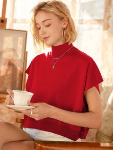 Knit Mix Áo len nữ thanh lịch, thời trang xuân hè, kiểu dáng Pháp đơn giản, không tay, cổ cao, tay cánh dơi, thích hợp mặc ở nhà hàng ngày. - Đỏ - Xem 6