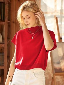 Knit Mix Áo len nữ thanh lịch, thời trang xuân hè, kiểu dáng Pháp đơn giản, không tay, cổ cao, tay cánh dơi, thích hợp mặc ở nhà hàng ngày. - Đỏ - Xem 8