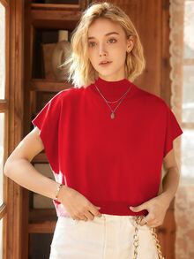 Knit Mix Áo len nữ thanh lịch, thời trang xuân hè, kiểu dáng Pháp đơn giản, không tay, cổ cao, tay cánh dơi, thích hợp mặc ở nhà hàng ngày. - Đỏ - Xem 7