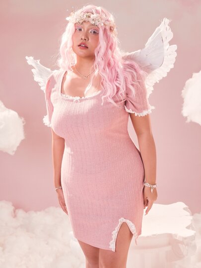 Vestido De Talla Grande Con Encaje De Contraste Y Dobladillo Dividido