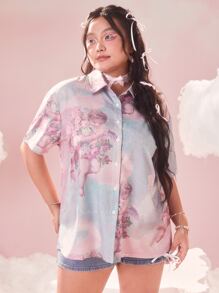 ROMWE 大碼天使圖案前紐扣襯衫 - 彩色 - 查看 1