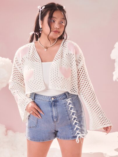 Kawaii Cárdigan con patrón de corazón tejido abierto de hombros caídos