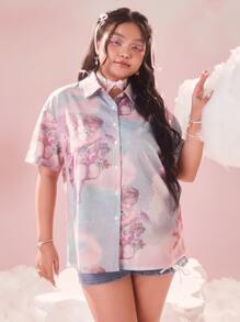 ROMWE 大碼天使圖案前紐扣襯衫 - 彩色 - 查看 2