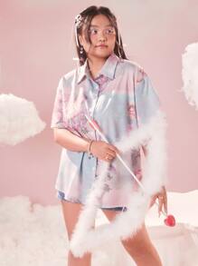 ROMWE 大碼天使圖案前紐扣襯衫 - 彩色 - 查看 3