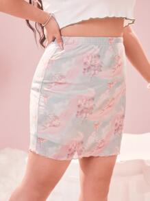 ROMWE Plus Angel Print Lettuce Trim Skirt - Multicolor - View 5