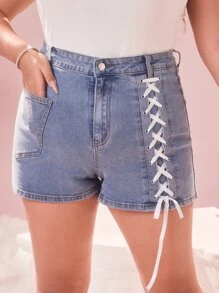 ROMWE Plus Lace Up Front Denim Shorts - Light Wash - View 1